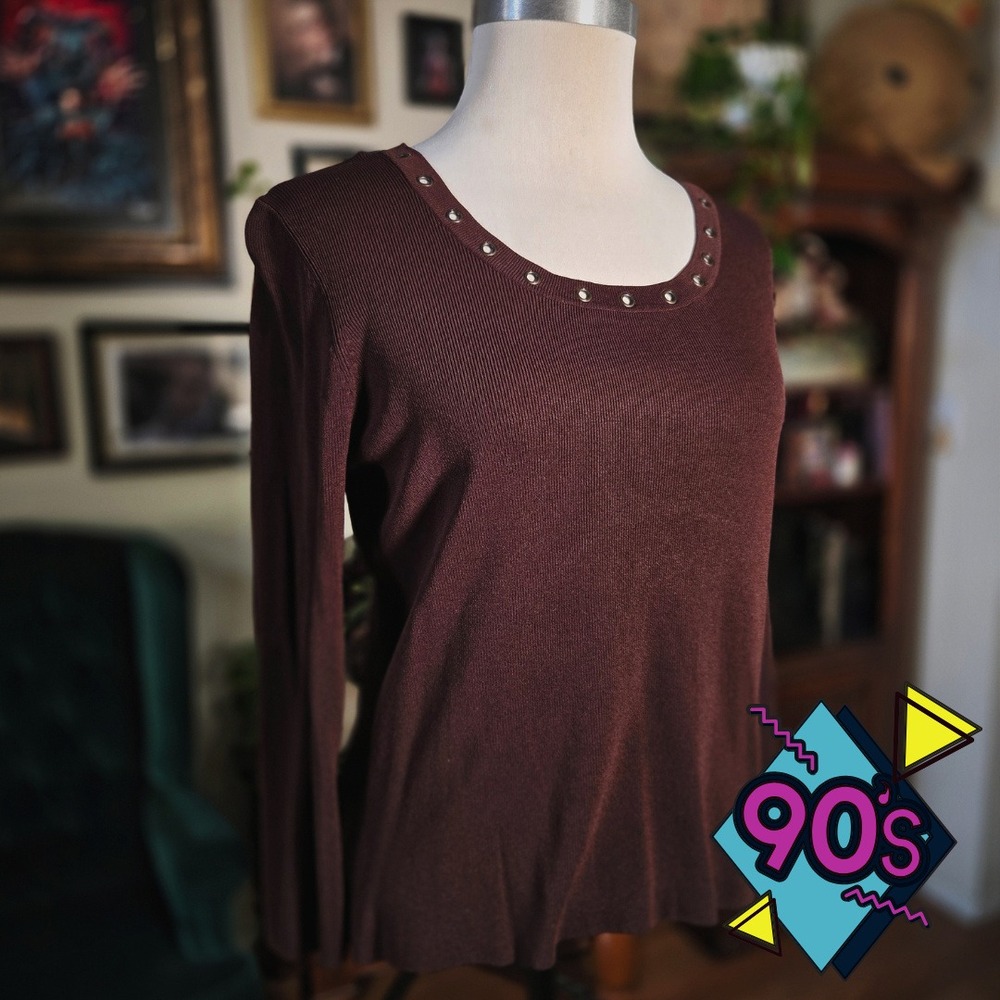 Versailles Sweater Top Vintage 90s Brown Ribbed‎ Knit Grommet Neck Long Sleeve L